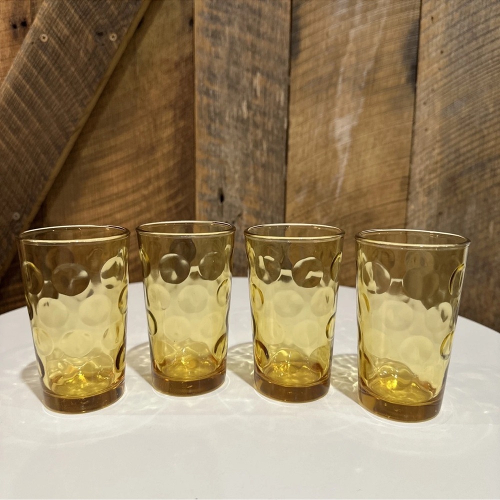 Vintage Hazel Atlas Gold Amber Eldorado Dots Thumbprint Juice 4”Glasses Set Of 4